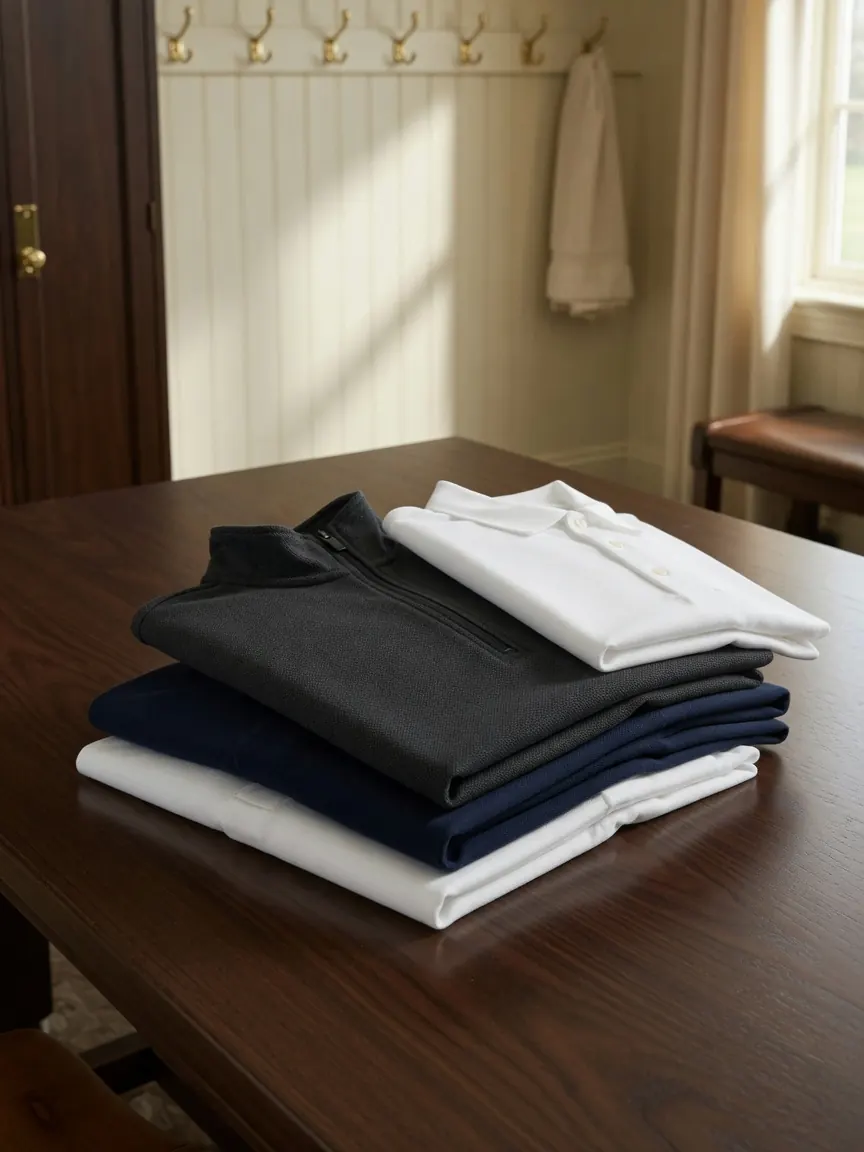 Folded polos and a quarter-zip on a walnut table in a clubhouse locker room